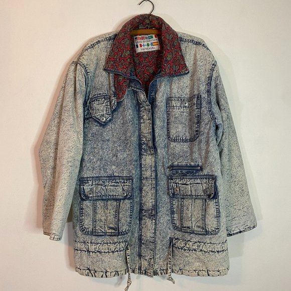 Vintage Jackets & Blazers - Vintage Paris Sport Club Universal Acid Wash Denim Paisley Lined Coat 1980s